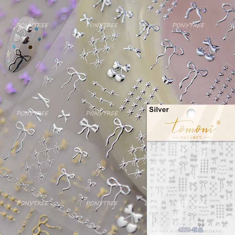 Gold Silver White Black Pink Blue Bowknot Ribbon Flat 3D Line Gird Strap Tie Elegant Charming Nail Art Stickers Manicure Decals (ONLINE ORDER ONLY)