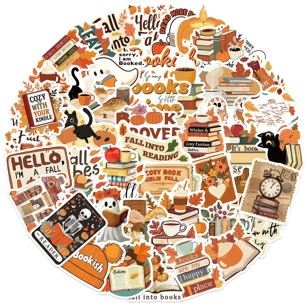 10/50pcs Lovely Autumn Fall Bookish Stickers Book Reading Decals DIY Scrapbooking Notebook Laptop Phone Car Decorative Sticker (Online Order Only)