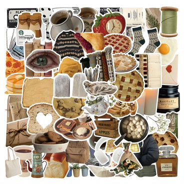 10/30/60pcs Ins Style Cute Vintage Cartoon Stickers Food Graffiti Decals DIY Laptop Notebook Scrapbook Car Wall Sticker Kids Toy (ONLINE ORDER ONLY)