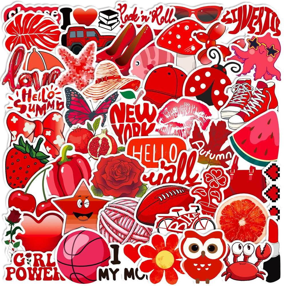 50pcs Cartoon Fashion Red Graffiti Stickers for Helmet, Wall, DIY Decor (ONLINE ORDER ONLY)