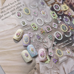 Retro European Flower Frame Gypsophila Bouquet Garden Charming Tulip Lavender Daisy Delicate Nail Art Stickers Manicure Decals (ONLINE ORDER ONLY)