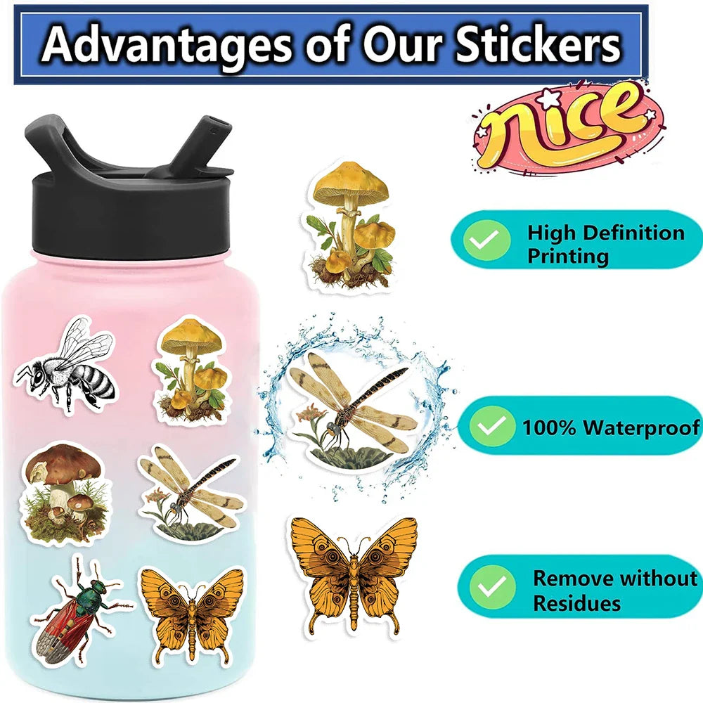 50pcs Retro Insects Stickers Toys Cute Animals Cartoon Decals For Kids DIY Laptop Scrapbook Stationery Fridge Funny Sticker (Online Order Only)