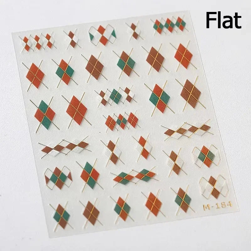French Style Colorful Square Grid Rhombus Stripe Bowknot Line 3D Self Adhesive Nail Art Stickers Shiny Rhinestone Manicure Decal (Online Order Only)