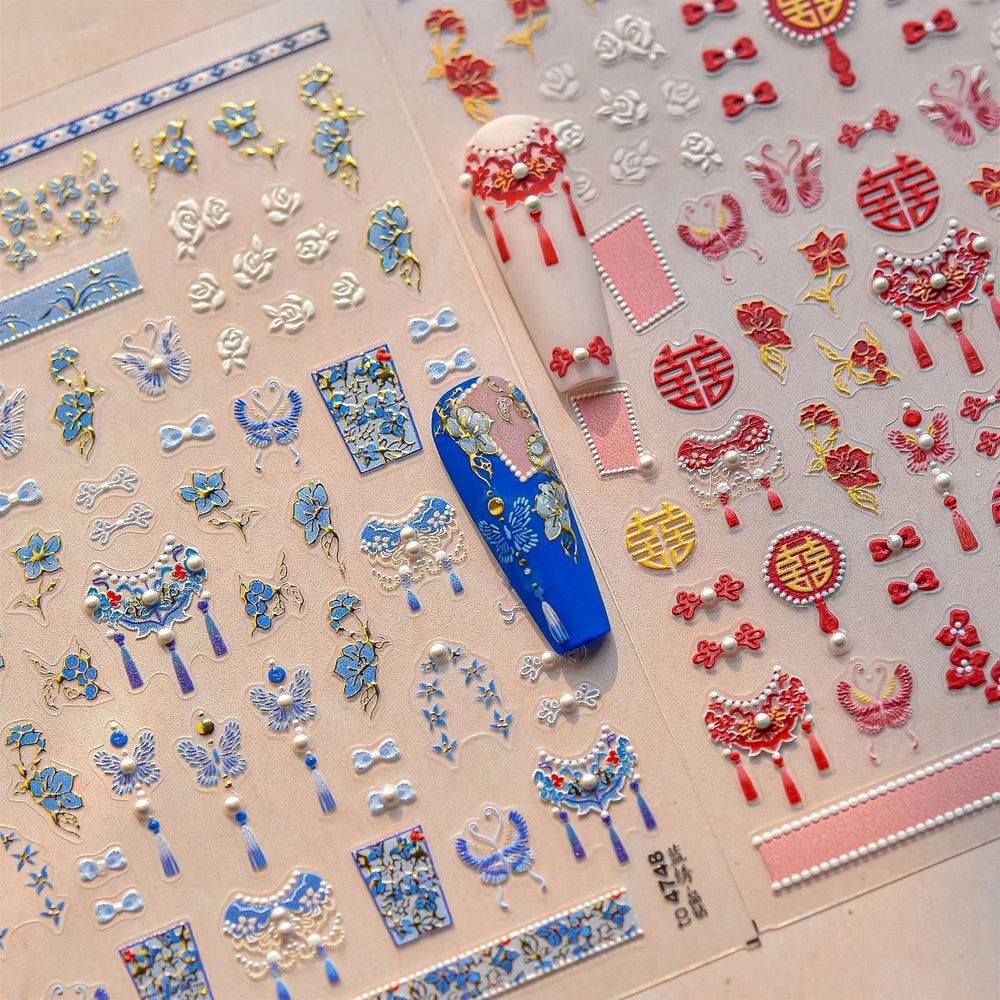 Embroidery Yunjin Brocade Tassels Bowknot Butterfly Flower Rose Camellia Adhesive Nail Art Stickers Rhinestone Manicure Decals (Online Order Only)