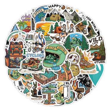 10/30/50pcs Camping Hiking Stickers Outdoor Travel Stickers Waterproof Cars Skateboard Motorcycle Bike Cartoon Sticker Kids Toy (ONLINE ORDER ONLY)