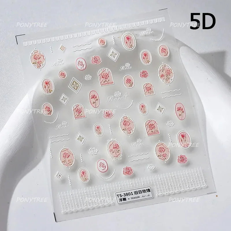 Chic Romantic Red White Flower Hot Stamping 5D Self Adhesive Nail Art Stickers Shiny Dreamy Camellia Rhinestone Manicure Decals (ONLINE ORDER ONLY)