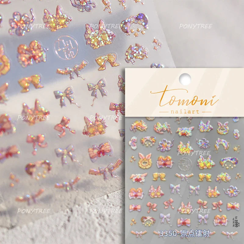 Purple Gold Silver Bowknot Cherry Fruit Cute Ribbon Tie Line Delicate 3D Adhesive Nail Art Stickers Manicure Decals Wholesale (Online Order Only)