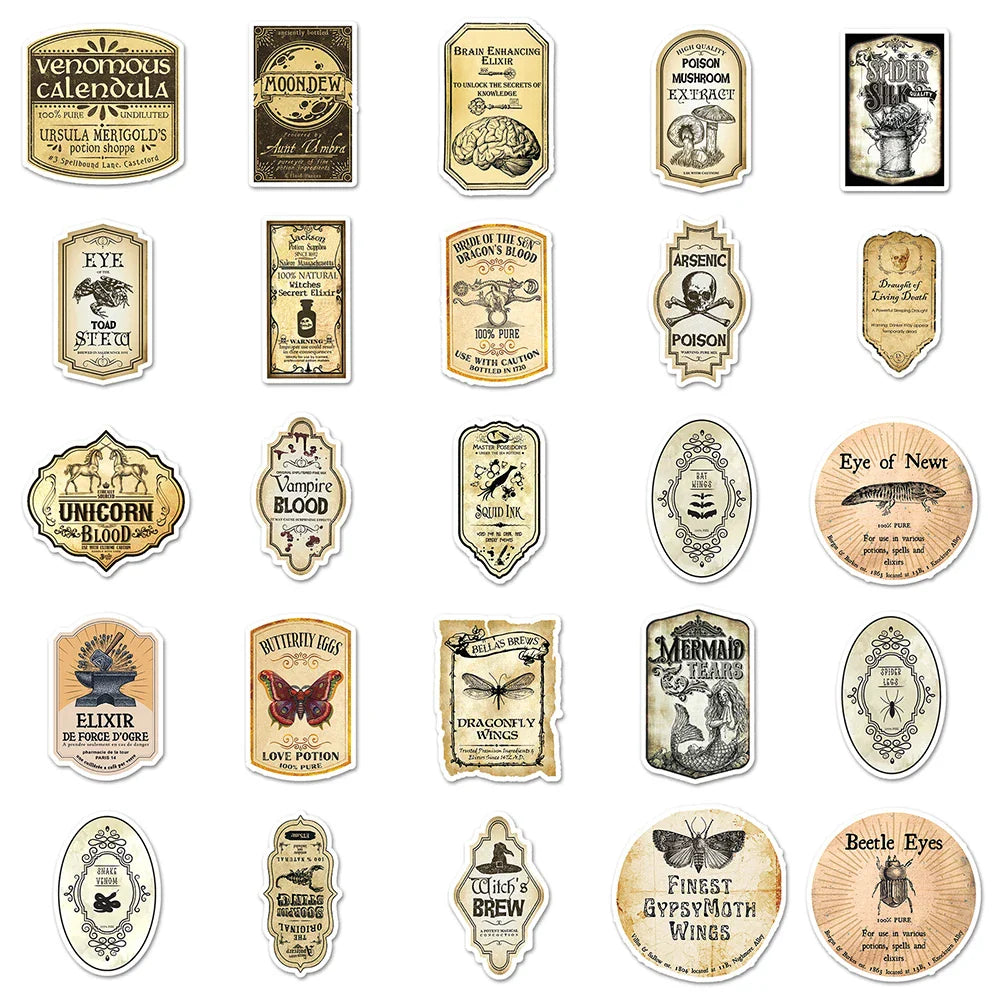 10/30/50pcs Cool Halloween Retro Horror Potion Label Stickers Decal Guitar Motorcycle Laptop Skateboard Phone Waterproof Sticker (ONLINE ORDER ONLY)