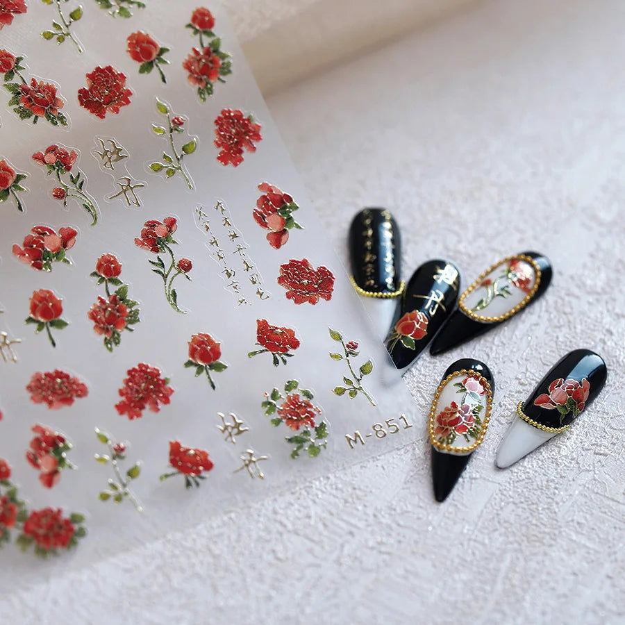 Retro Chinese Characters Charming Rich Peony Delicate Rose Flowers Soft Relief Adhesive Nail Art Stickers Chic Manicure Decals (ONLINE ORDER ONLY)