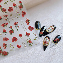 Retro Chinese Characters Charming Rich Peony Delicate Rose Flowers Soft Relief Adhesive Nail Art Stickers Chic Manicure Decals (ONLINE ORDER ONLY)