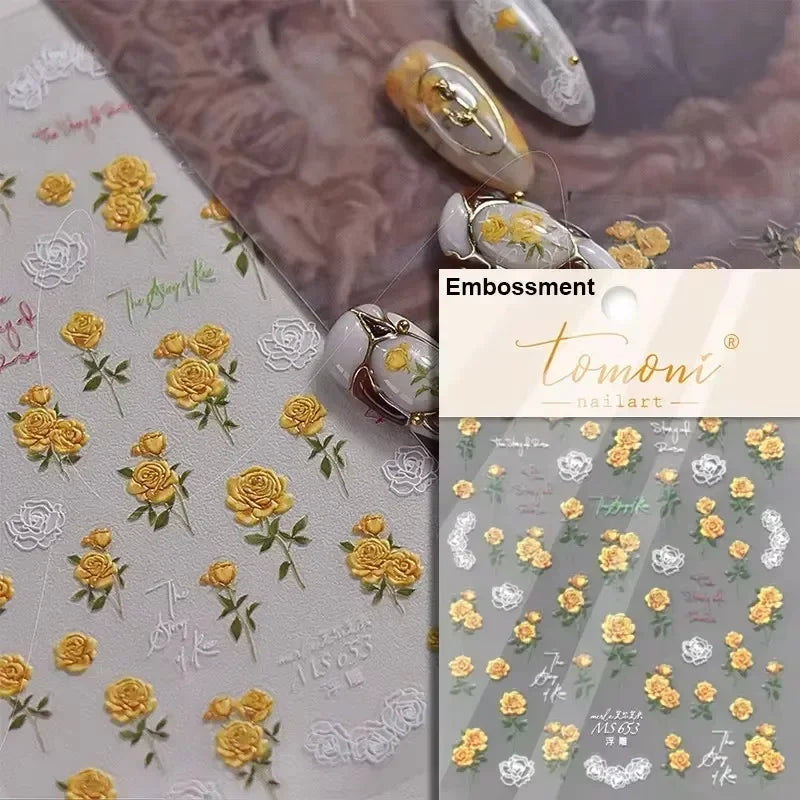 Pale Flower Bouquet Label Bowknot Stationery Sunflower Daisy Leaf 3D Self Adhesive Nail Art Stickers Rhinestone Manicure Decals (Online Order Only)