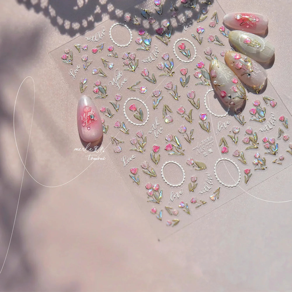 Retro Border Colourful Pink Purple Tulip Flower Bouquet Garden Fragrant 5D Soft Relief Adhesive Nail Art Sticker Manicure Decals (ONLINE ORDER ONLY)