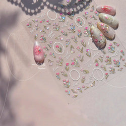 Retro Border Colourful Pink Purple Tulip Flower Bouquet Garden Fragrant 5D Soft Relief Adhesive Nail Art Sticker Manicure Decals (ONLINE ORDER ONLY)