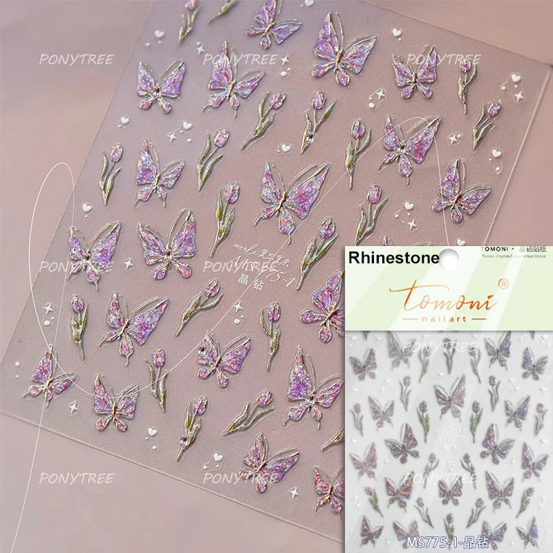 Colourful Butterfly Rose Flower Tulip Daisy Moth Orchid Narcissus 3D Self Adhesive Nail Art Decorations Stickers Manicure Decals (ONLINE ORDER ONLY)