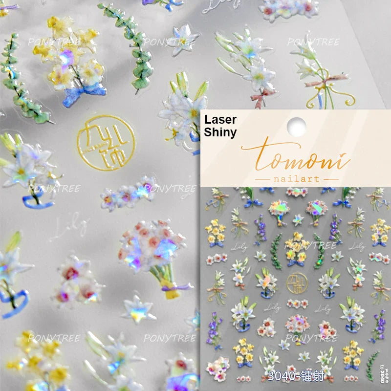 Vivid Honey Bee Ribbon Bowknot Pot Daisy Wreath Flower Shining Tulip Honeycomb Jar Self Adhesive Nail Art Sticker Manicure Decal (ONLINE ORDER ONLY)