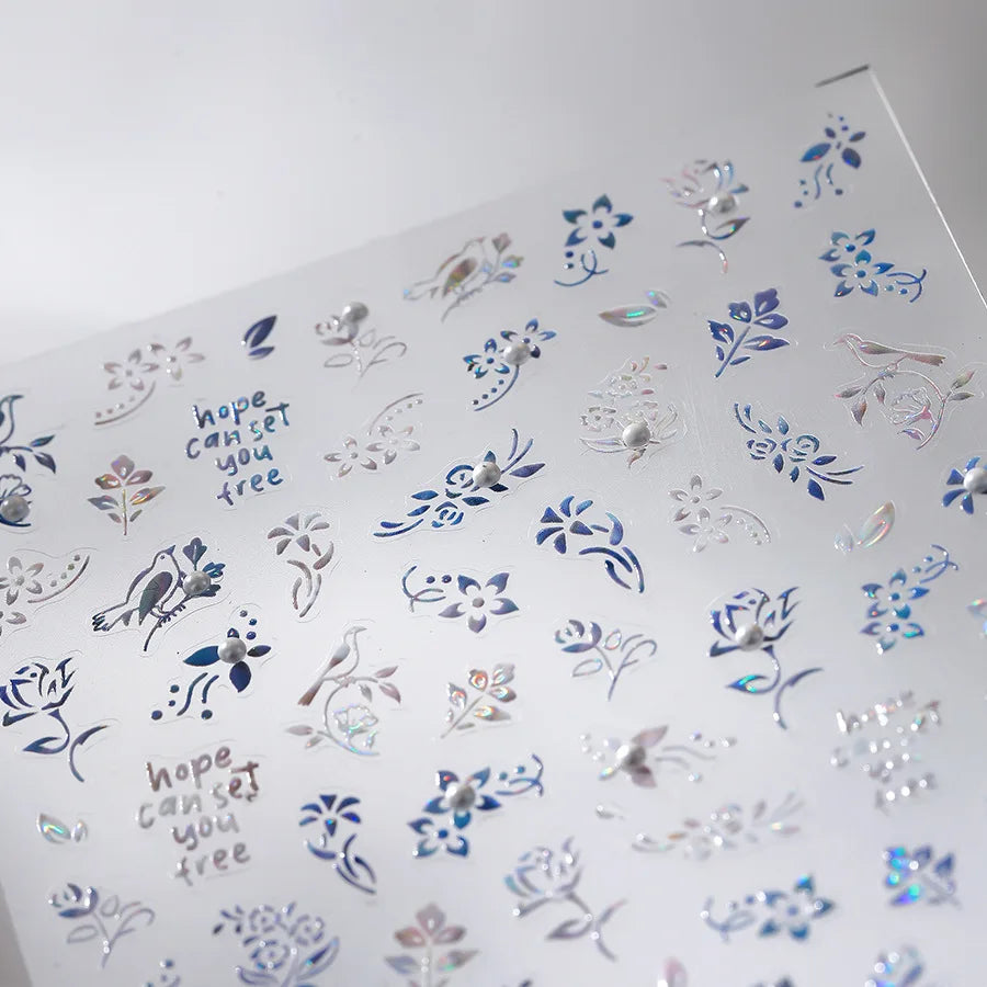 Blue Flower Vivid Bird Hope Can Set You Free Magpie Leaf Pearl Letter Adhesive Nail Art Sticker Aesthetic Beauty Manicure Decal (ONLINE ORDER ONLY)
