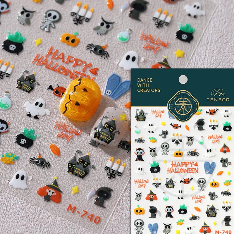 Halloween Ghost Pumpkin Bat Coffin Cat Spider Demon Jelly Self Adhesive Nail Art Sticker Terrifying Candy Candle Manicure Decals (ONLINE ORDER ONLY)