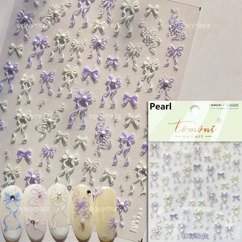 White Pearl Various Bowknot Line Tassel Tender Ribbon Arc Charming Self Adhesive Nail Art Decorations Stickers Manicure Decals (ONLINE ORDER ONLY)