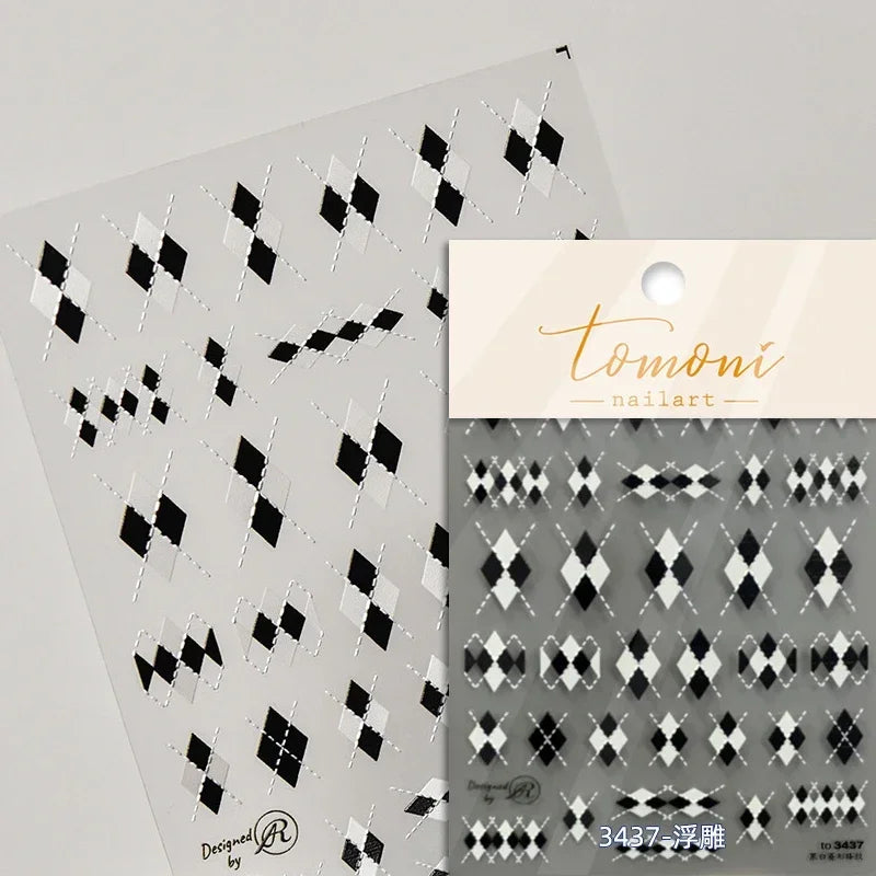 French Style Colorful Square Grid Rhombus Stripe Bowknot Line 3D Self Adhesive Nail Art Stickers Shiny Rhinestone Manicure Decal (Online Order Only)
