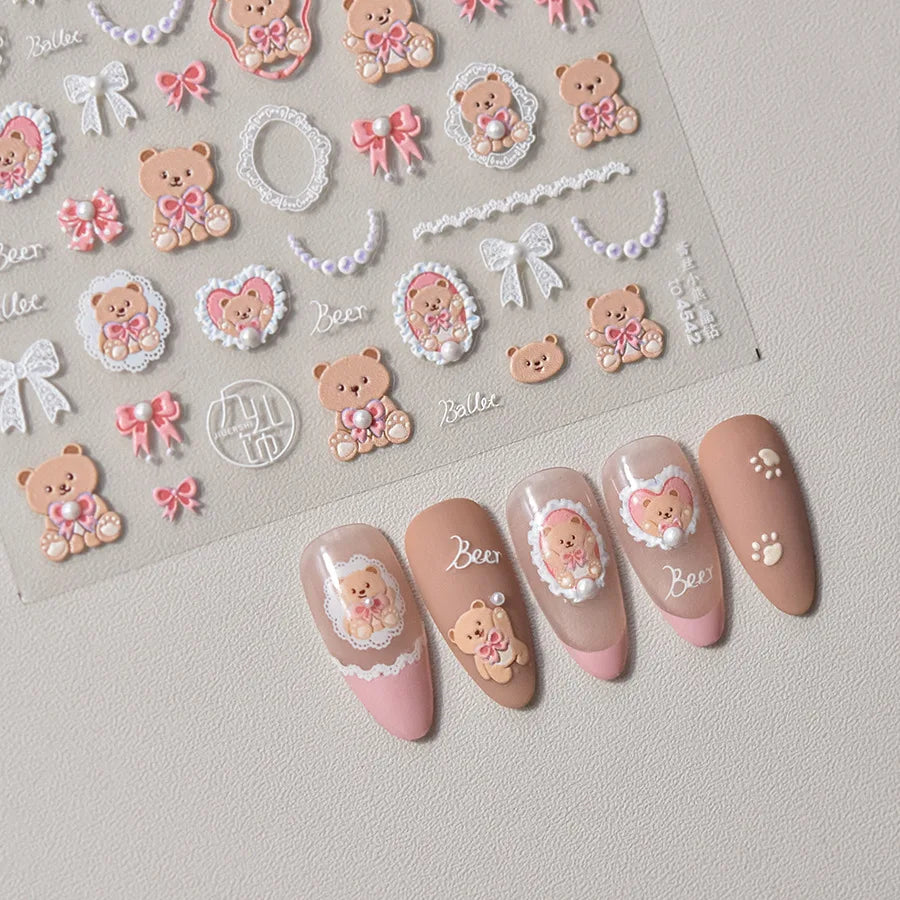 Retro Love Heart White Lace flower Bowknot Tie Pink Bear Flower Strawberry Adhesive Nail Art Stickers Rhinestone Manicure Decals (ONLINE ORDER ONLY)