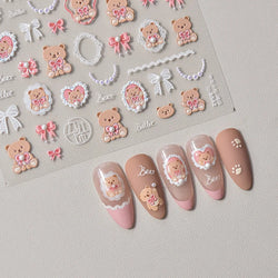 Retro Love Heart White Lace flower Bowknot Tie Pink Bear Flower Strawberry Adhesive Nail Art Stickers Rhinestone Manicure Decals (ONLINE ORDER ONLY)