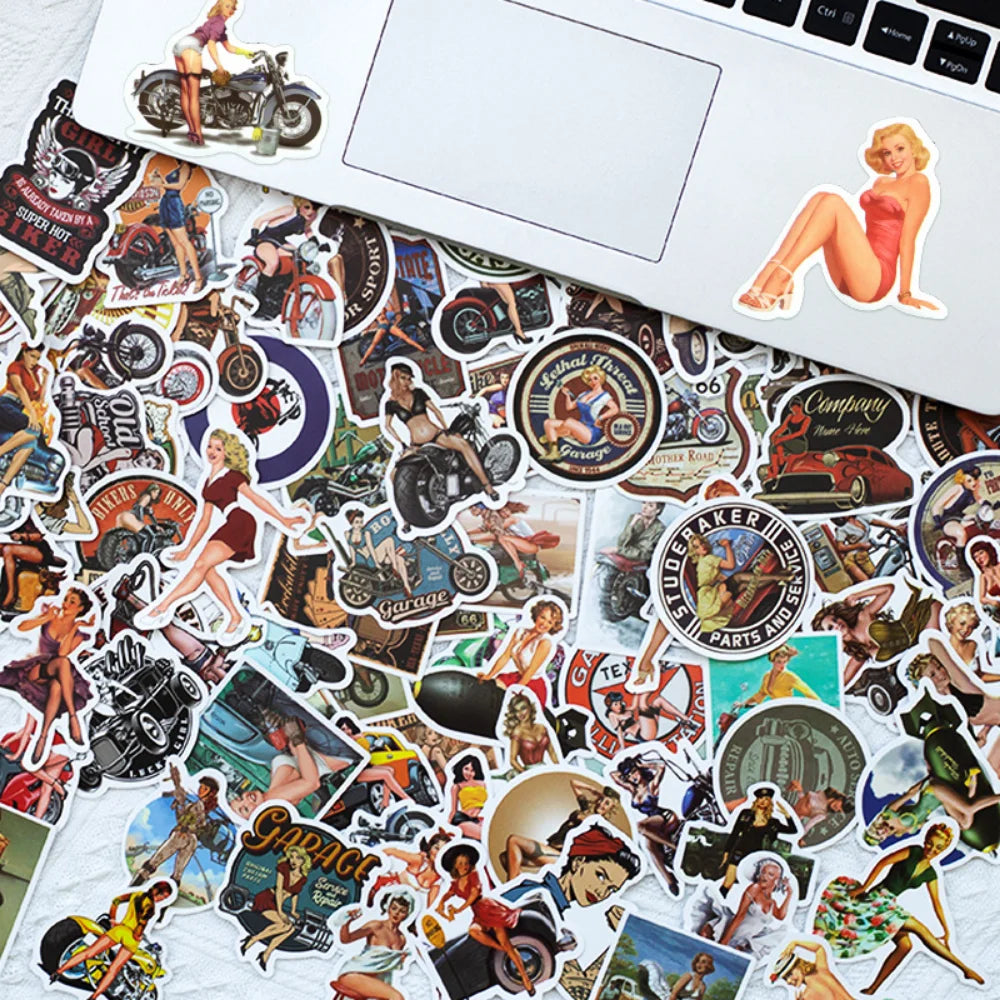 50/100Pcs Retro Sexy Pin Up Girl Graffiti Street Punk Motorcycle Girl Stickers Suitcase Laptop Waterproof Sticker Decoration (ONLINE ORDER ONLY)