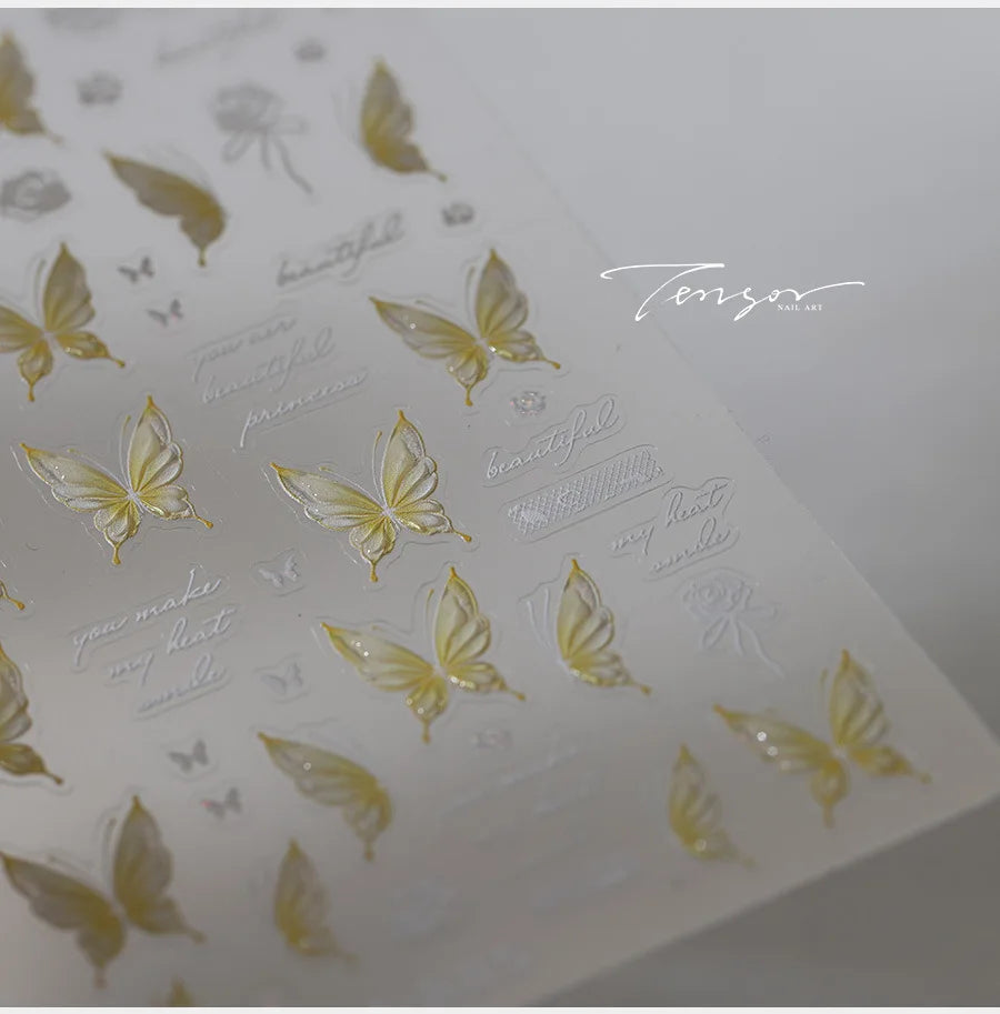 Yellow Butterfly Rose Flower Lace Gradual Wing Charming Romantic Jelly Camellia Self Adhesive Nail Art Stickers Manicure Decals (Online Order Only)