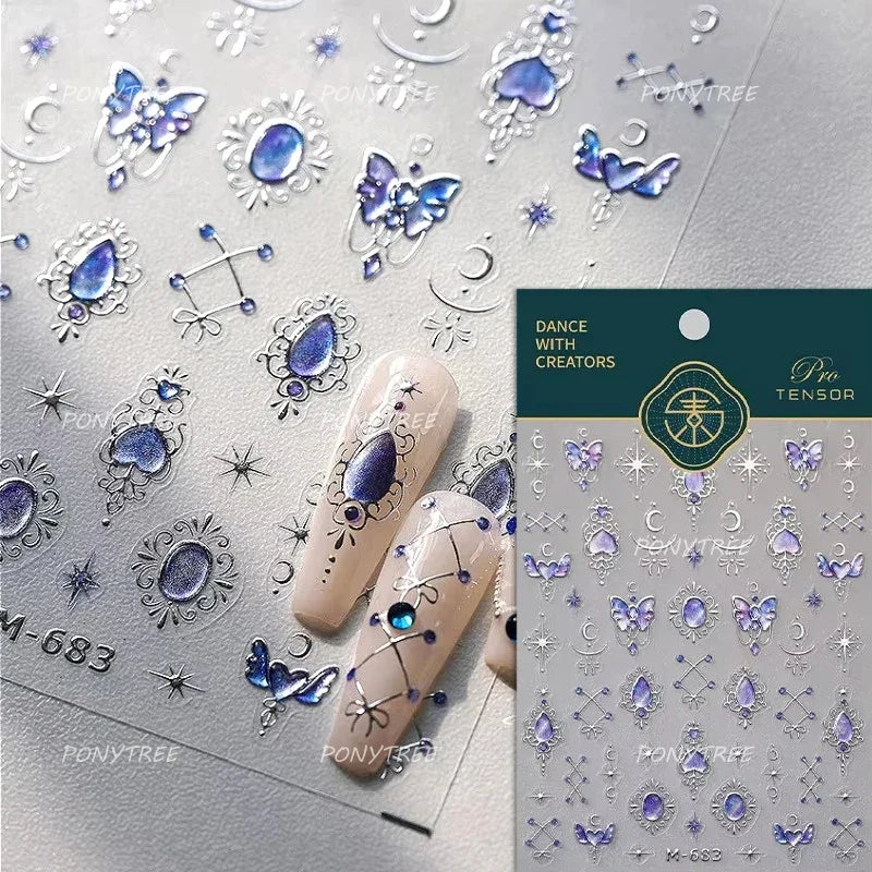 French Chic Blue Line Bowknot Fan Flower Leaves Butterfly Lace Frame Bell Shiny Self Adhesive Nail Art Stickers Manicure Decals (ONLINE ORDER ONLY)