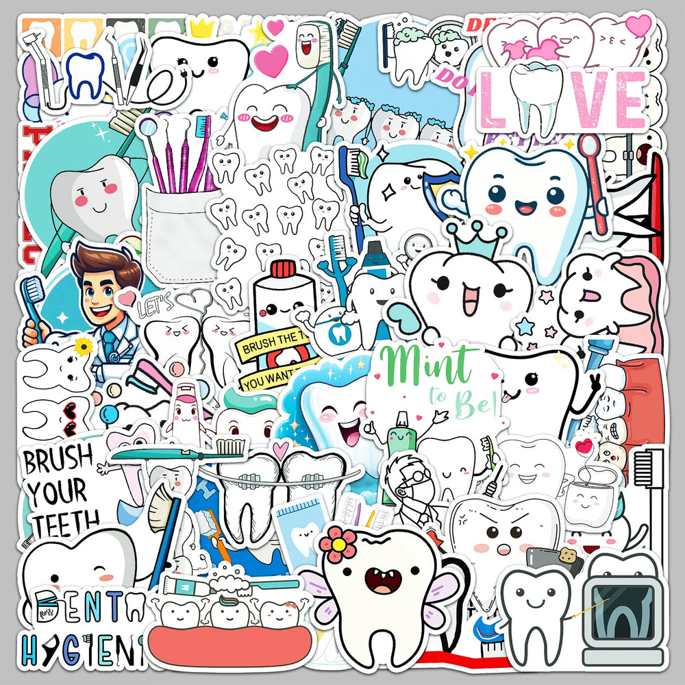 50pcs Cartoon Teeth Care Stickers for Helmet, Wall, DIY Decoration Wholesale (Online Order Only)