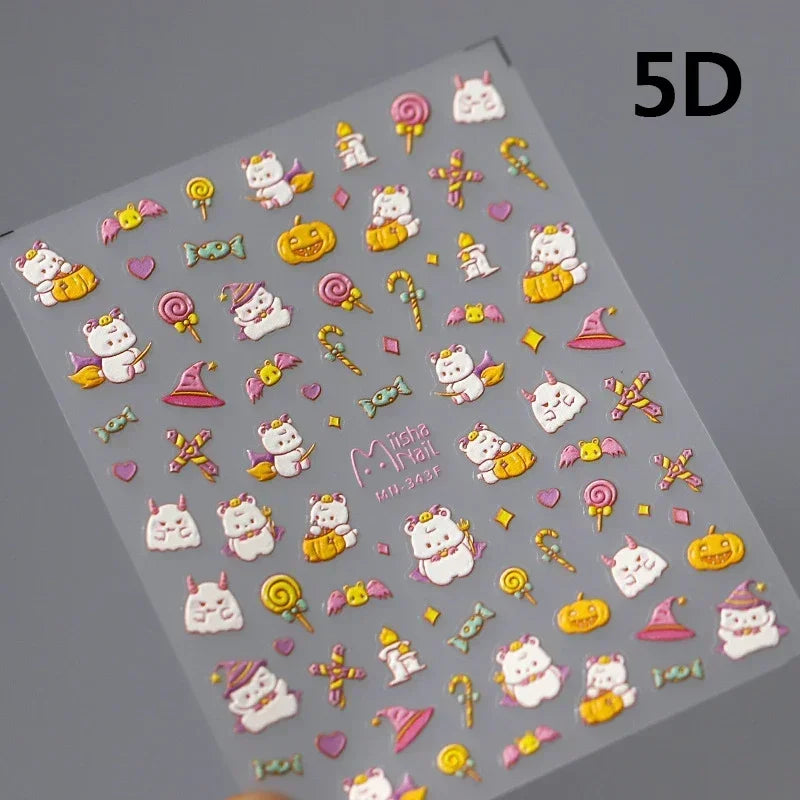 Halloween Ghost Pumpkin Bat Coffin Cat Spider Demon Jelly Self Adhesive Nail Art Sticker Terrifying Candy Candle Manicure Decals (ONLINE ORDER ONLY)