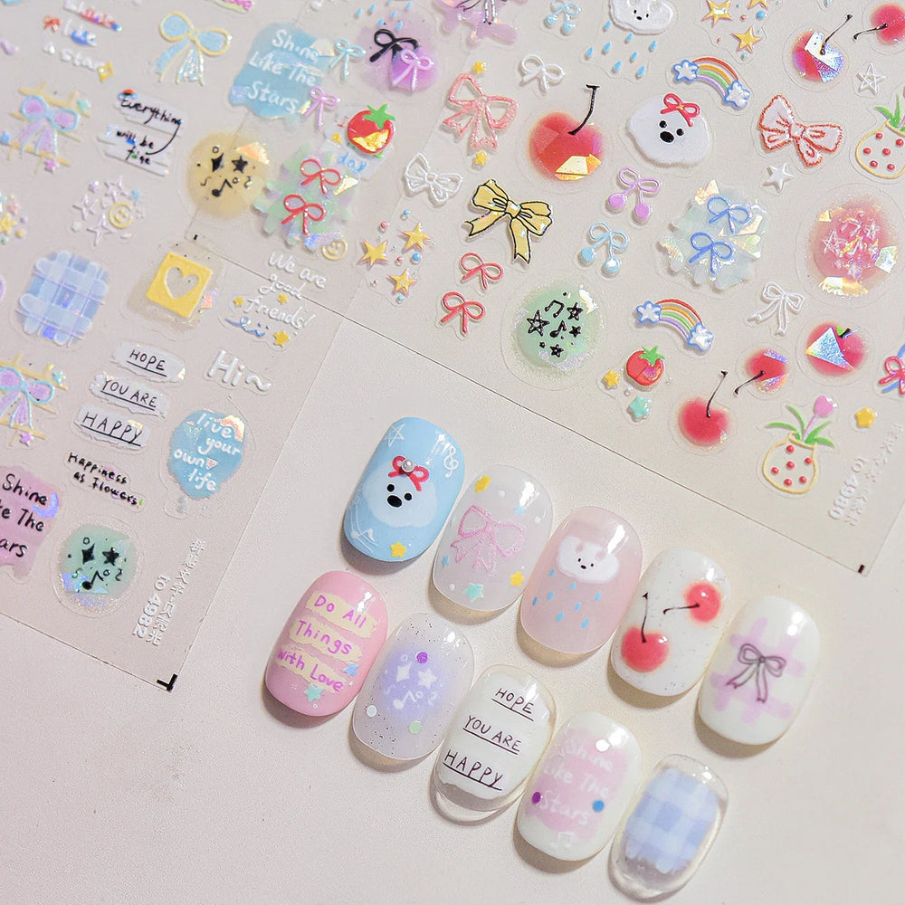 Dyeing Apple Cherry Fruit Dog Puppy Bowknot Colorful Cartoon Graffiti Reliefs Adhesive Nail Art Stickers Flowers Manicure Decals (ONLINE ORDER ONLY)