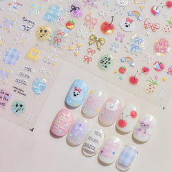 Dyeing Apple Cherry Fruit Dog Puppy Bowknot Colorful Cartoon Graffiti Reliefs Adhesive Nail Art Stickers Flowers Manicure Decals (ONLINE ORDER ONLY)