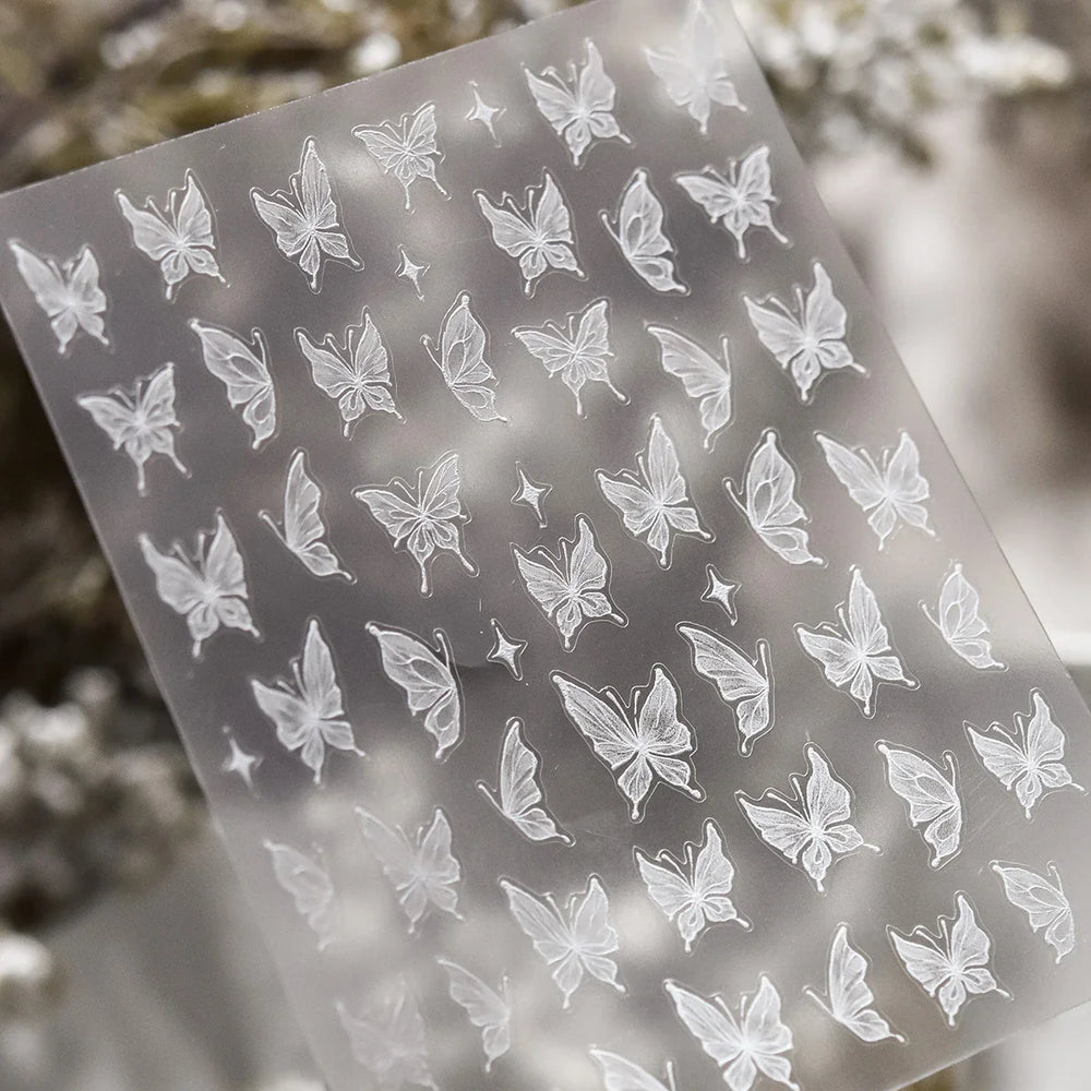 Chic Beautiful White Butterfly Shiny Lace Star Adhesive Nail Art Stickers Animals Charm Snowflake Manicure Decals Nail Supplies (Online Order Only)