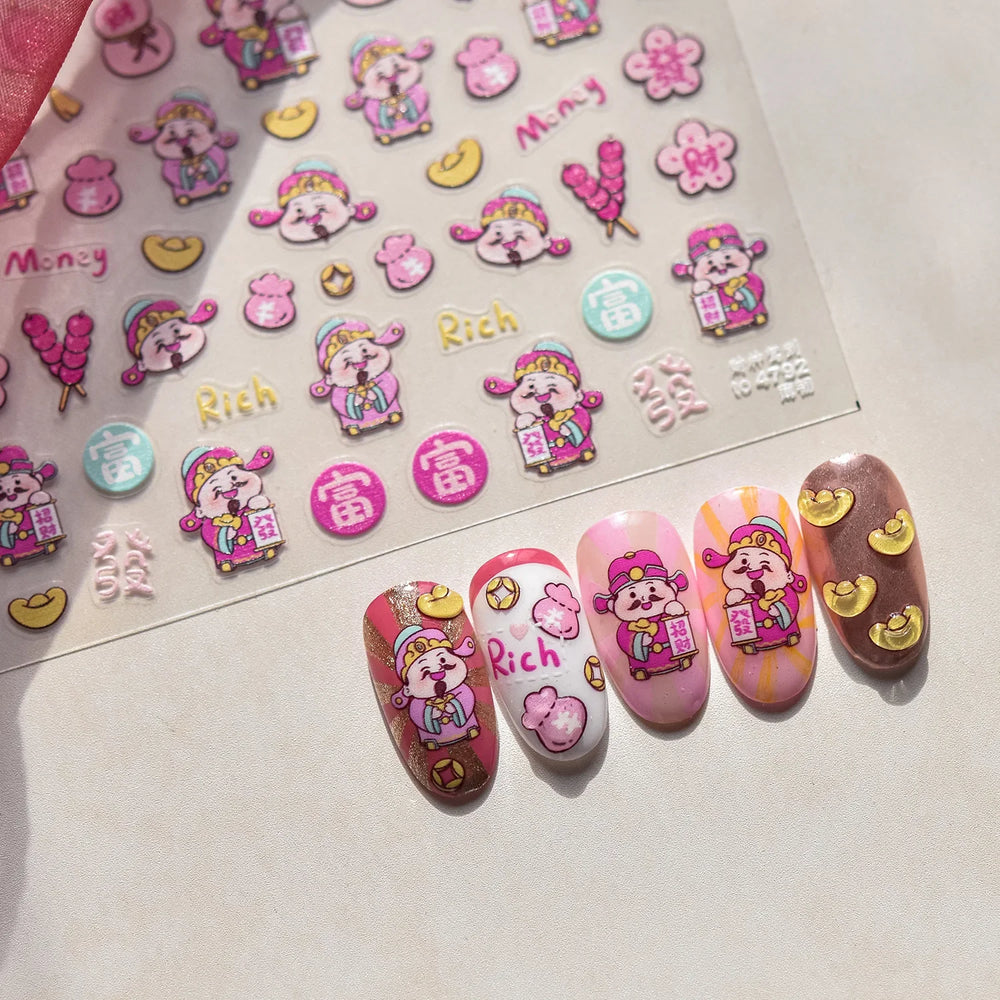 rich letter Chinese characters gourd money lantern firecracker God of wealth Yuanbao Adhesive Nail Art Stickers Manicure Decals (ONLINE ORDER ONLY)