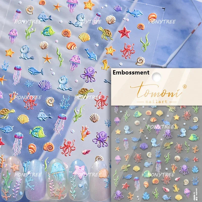 Dizzying Shell Coral Dolphin Starfish Heart Jellyfish Water Bubbles Ocean Adhesive Nail Art Decorations Stickers Manicure Decals (ONLINE ORDER ONLY)