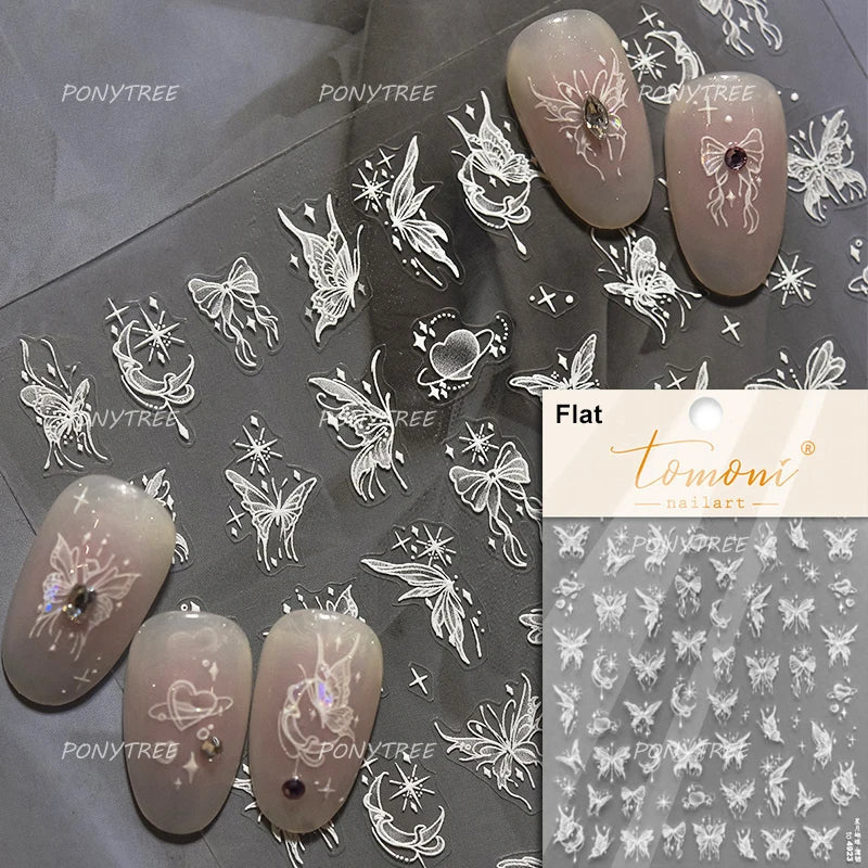 French Chic Blue Line Bowknot Fan Flower Leaves Butterfly Lace Frame Bell Shiny Self Adhesive Nail Art Stickers Manicure Decals (ONLINE ORDER ONLY)