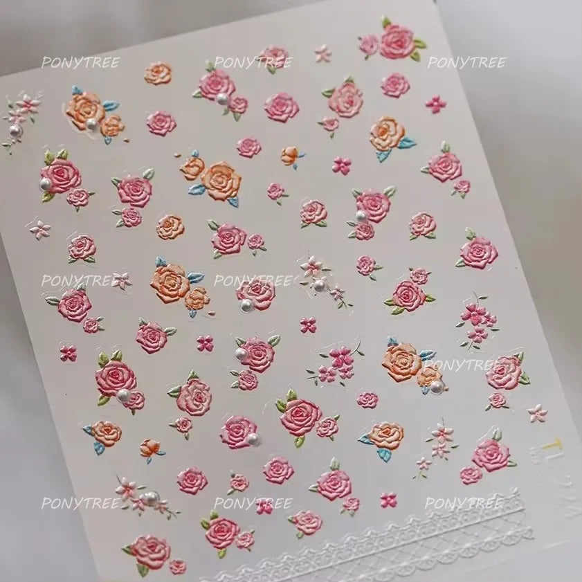Rose Flower Garden Soft Embossment Adhesive Nail Art Stickers Charming Rhinestone Manicure Decals Nail Supplies for Professional (ONLINE ORDER ONLY)