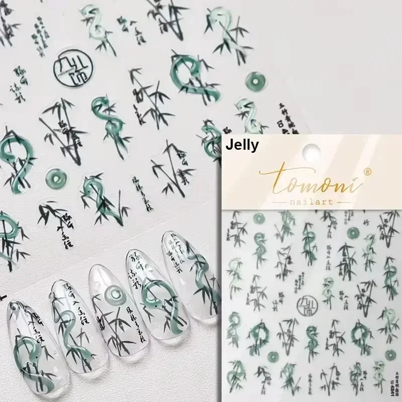 Gradient Coloredful Flower Petal Green Leaf Dreamy Shiny Chinese Rose Fantasy Relief Adhesive Nail Art Stickers Manicure Decals (Online Order Only)