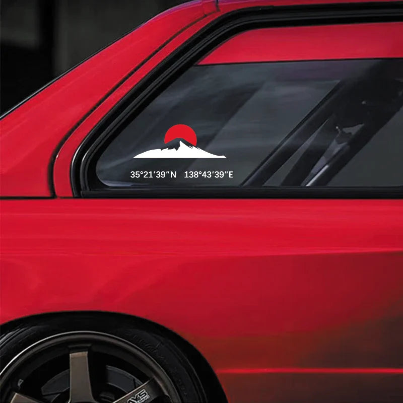 The rising red sun and Mount Fuji Stickers with its longitude and latitude decal,creative&fashion decal for car  laptop (ONLINE ORDER ONLY)