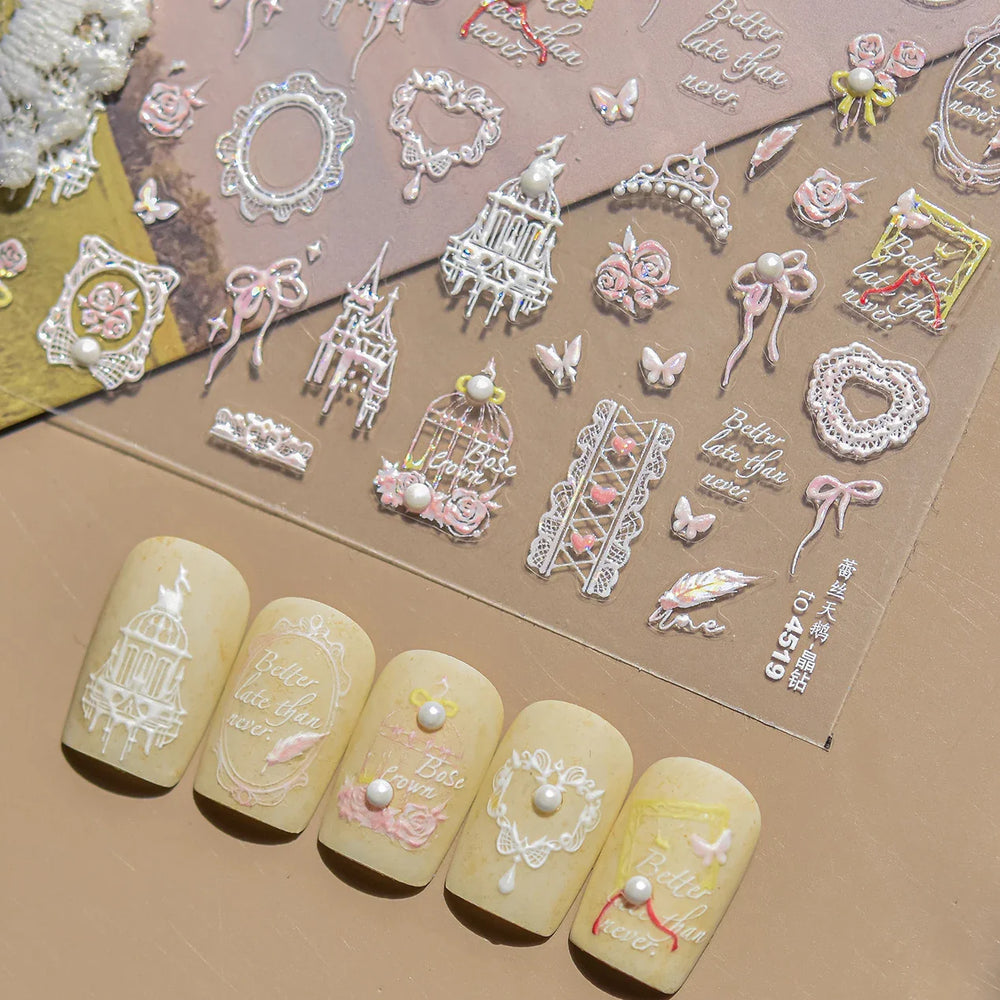 Dreamy Lace Swan Bowknot Rose Flower Castle Butterfly Feather Heart Chic Adhesive Nail Art Stickers Manicure Decals Wholesale (ONLINE ORDER ONLY)