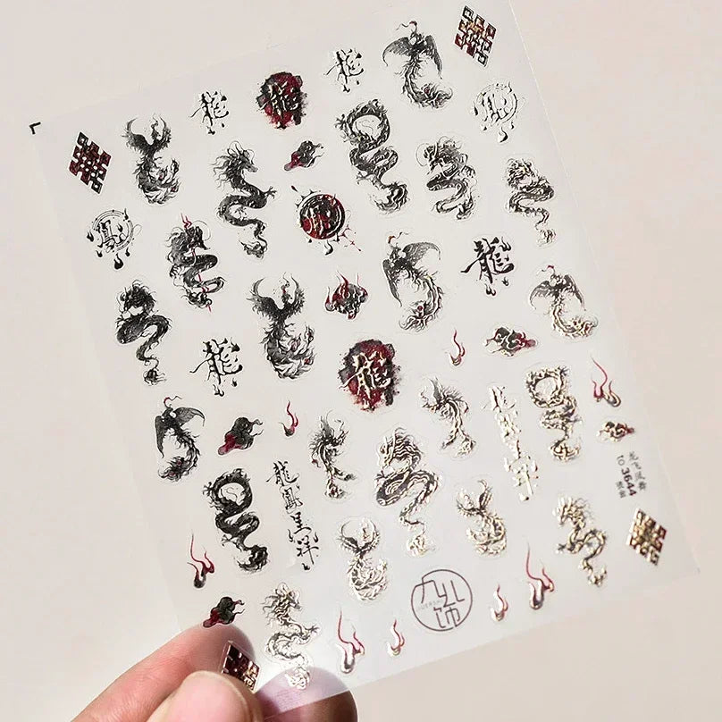 Charming Red Rose Phoenix Flower Wing Leaves Flower Feather Pearl Relief Embossed 5D Adhesive Nail Art Stickers Manicure Decals (ONLINE ORDER ONLY)