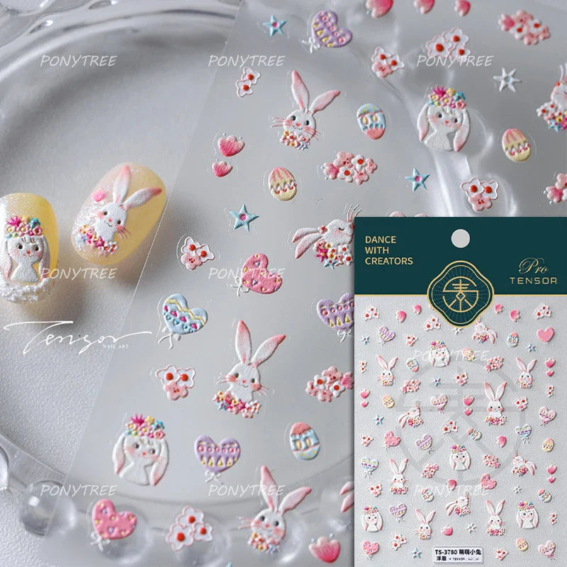 Flower Garland Lovely Bunny Rabbit Floral Wreath Bowknot Frame Spring Charm Heart 5D Adhesive Nail Art Stickers Manicure Decals (ONLINE ORDER ONLY)