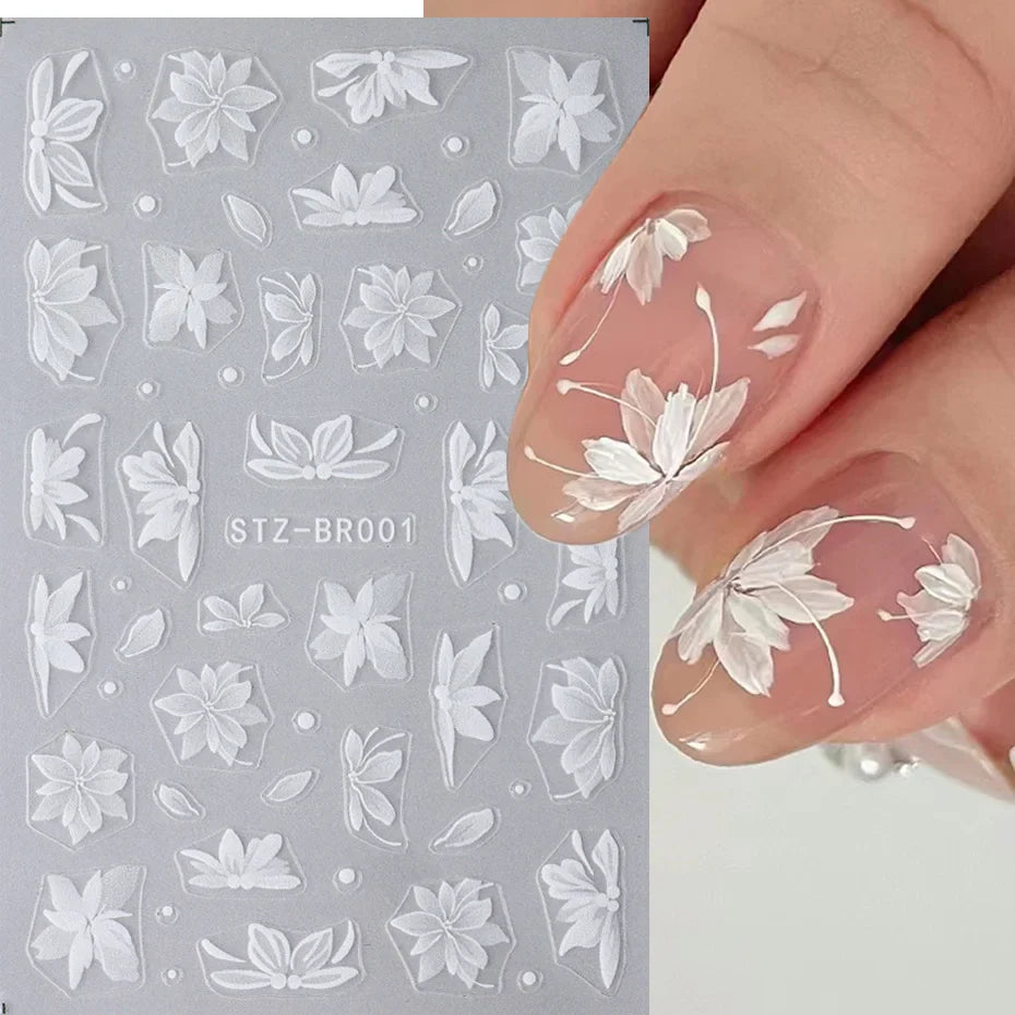 3D White Flower Nail Art Stickers Floral Adhesive Decals DIY Charms (Online Order Only)