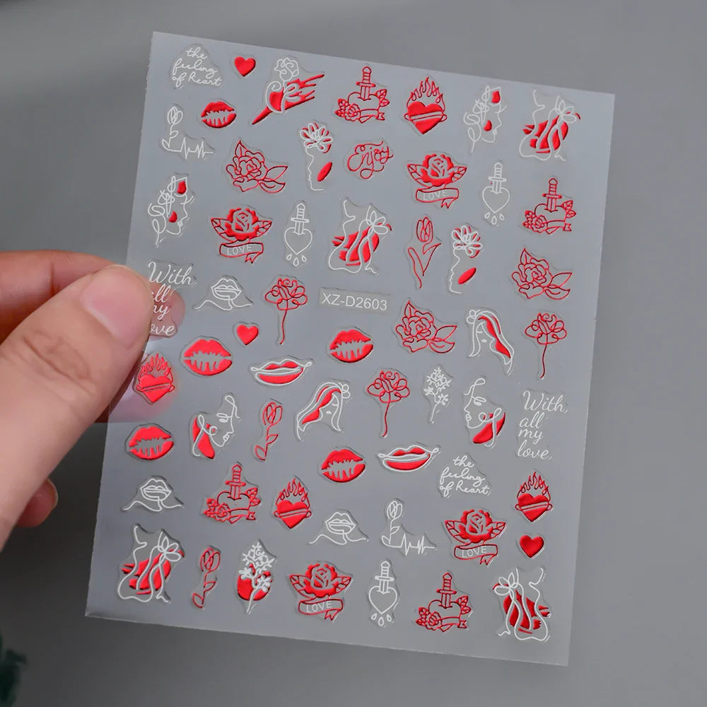 1PC Holographic Laser Heart Nail Stickers-3D Self-Adhesive Golden White Valentines Day Nail Decals For Women Nail Art Decoration (ONLINE ORDER ONLY)