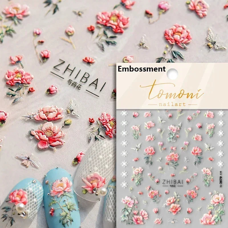 Pale Flower Bouquet Label Bowknot Stationery Sunflower Daisy Leaf 3D Self Adhesive Nail Art Stickers Rhinestone Manicure Decals (Online Order Only)