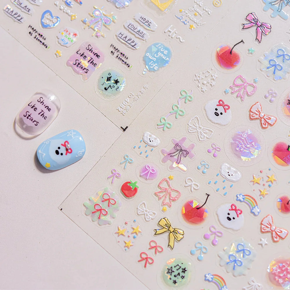 Dyeing Apple Cherry Fruit Dog Puppy Bowknot Colorful Cartoon Graffiti Reliefs Adhesive Nail Art Stickers Flowers Manicure Decals (ONLINE ORDER ONLY)