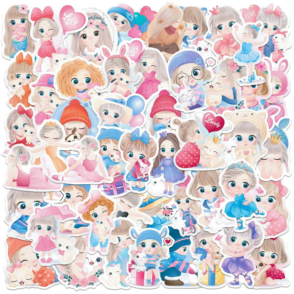 50pcs Cute Girl Graffiti Stickers for Helmet, Wall, DIY Decoration with Storage Box (Online Order Only)