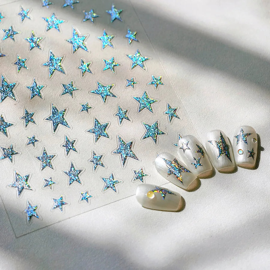 Sparkle Laser Silver Starburst Five-pointed Star Geometric Tiny Spot Romantic 5D Self Adhesive Nail Art Stickers Manicure Decals (ONLINE ORDER ONLY)