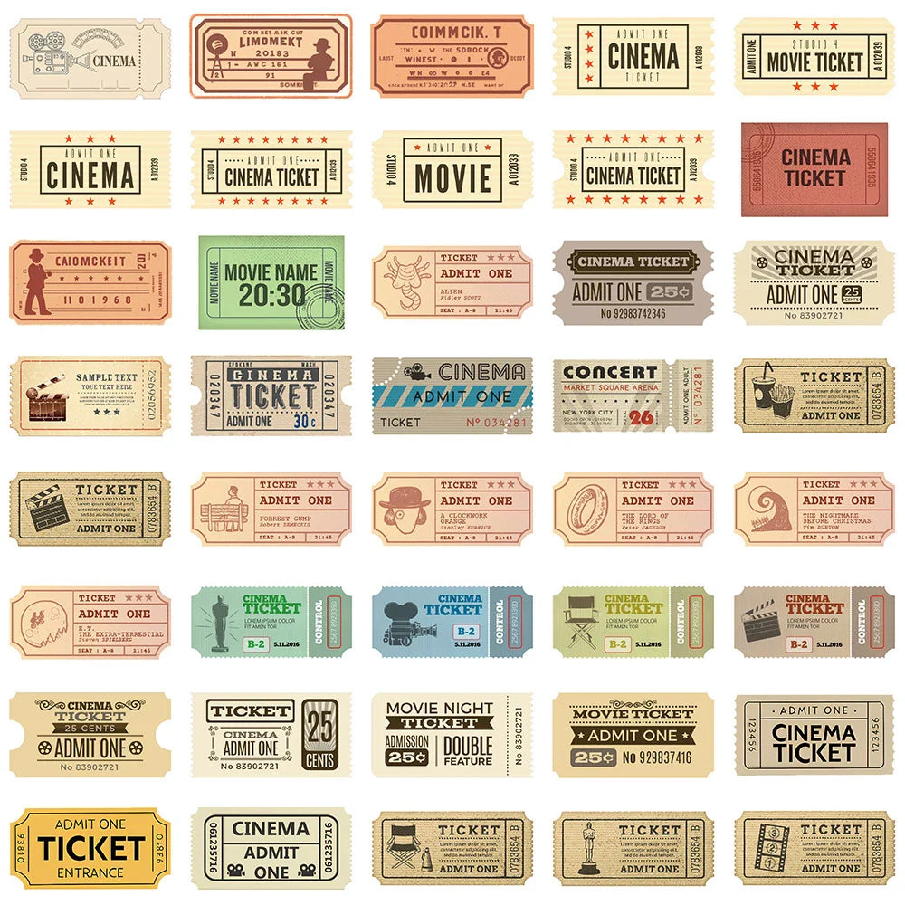 10/40/80pcs Vintage Classic Movie Ticket Stickers Laptop Skateboard Luggage Phone Car Motorcycle Waterproof Sticker Kids Toys (ONLINE ORDER ONLY)