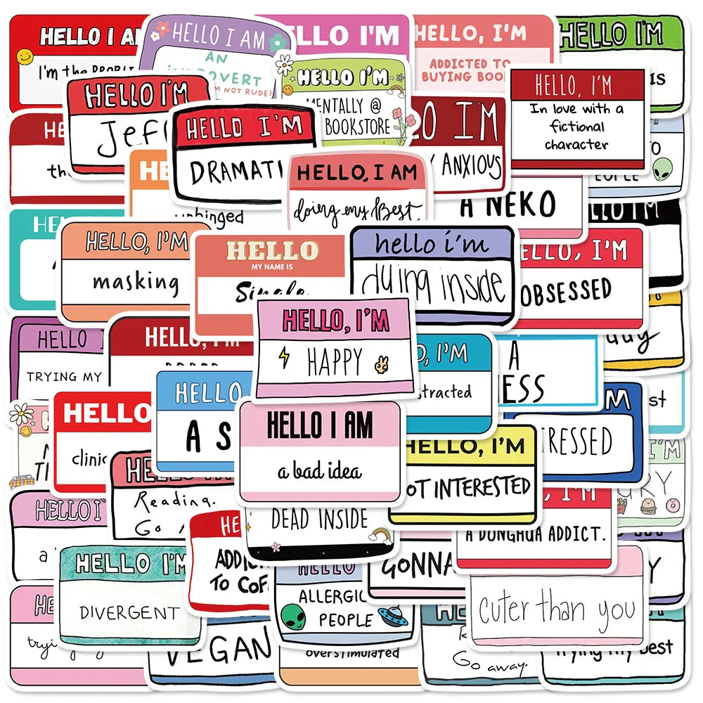 50pcs Cartoon "Hello I Am" Funny Stickers for Diary, Bottle, Laptop, Phone, Journal (Online Order Only)